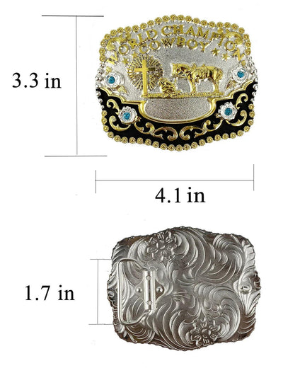TOPACC 3D Rectangle Western Cowboy Horse Prayer Cross 'world champion cowboy'Belt Buckle