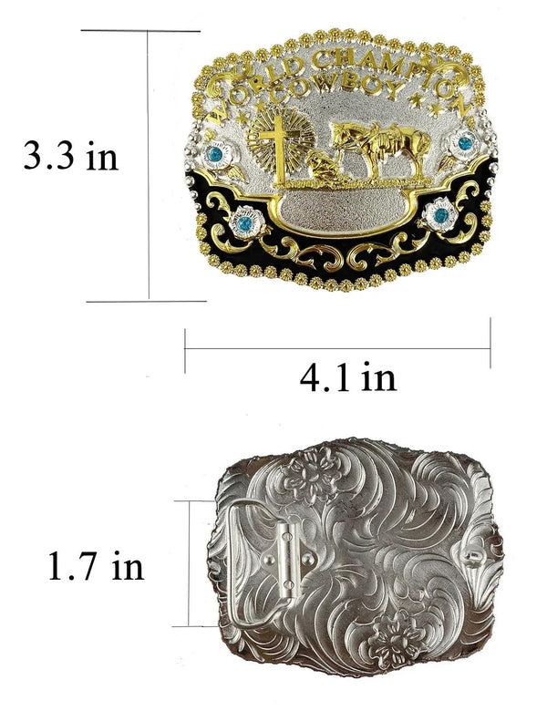 TOPACC 3D Rectangle Western Cowboy Horse Prayer Cross 'world champion cowboy'Belt Buckle - Gifts for You 'n Me