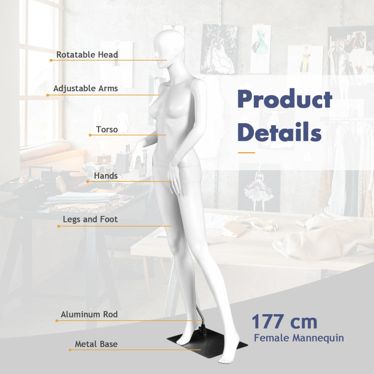 5.8 ft Plastic Female Mannequin Adjustable Detachable Manikin with Metal Stand