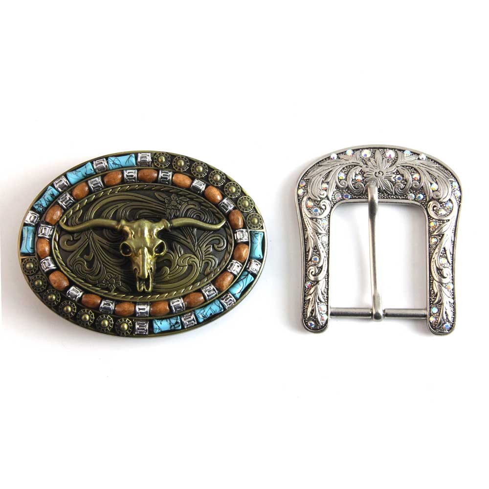 TOPACC Western Turquoise Belts - Turquoise Longhorn Cow Bull Belt Buckle Copper/Bronze