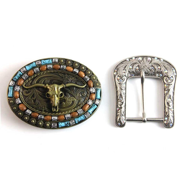 TOPACC Western Turquoise Belts - Turquoise Longhorn Cow Bull Belt Buckle Copper/Bronze - Gifts for You 'n Me