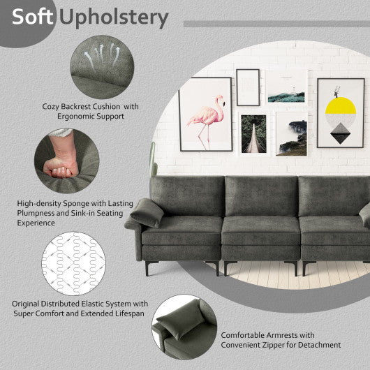 Large 3-Seat Sofa Sectional with Metal Legs and 2 USB Ports for 3-4 people-Silver