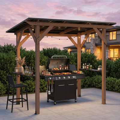 8.6 FT x 5 FT Grill Gazebo Cedar Wood BBQ Gazebo with 2 Side Serving Shelves-Brown