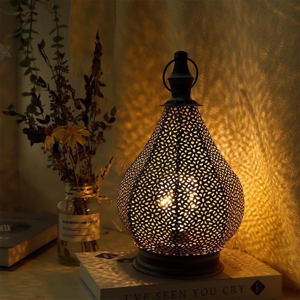 12''H Moroccan Metal Table Lamp Battery Powered Cordless Lamp with LED Fairy Lights Bulb