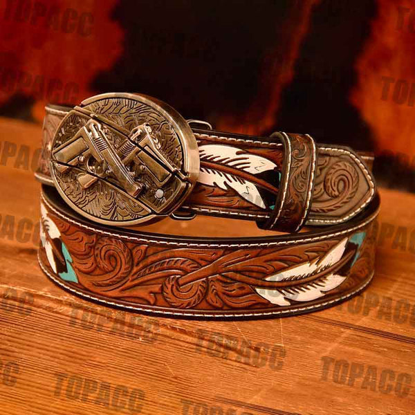 TOPACC Western Leather Feather Belt - Block Buckle