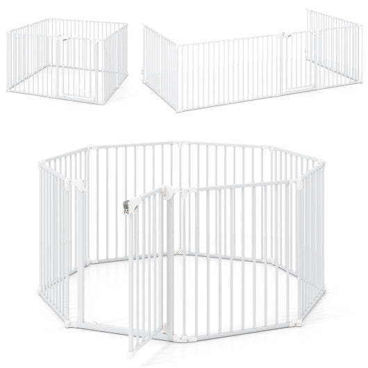 8-Panel Extra Wide Baby Gate Adjustable Pet Safety Fence with Auto-close Door-White