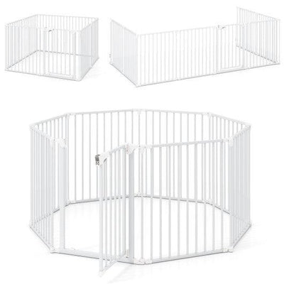 8-Panel Extra Wide Baby Gate Adjustable Pet Safety Fence with Auto-close Door-White