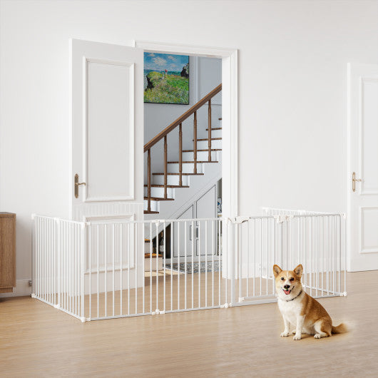 8-Panel Extra Wide Baby Gate Adjustable Pet Safety Fence with Auto-close Door-White