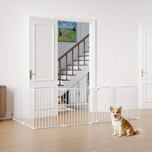 8-Panel Extra Wide Baby Gate Adjustable Pet Safety Fence with Auto-close Door-White