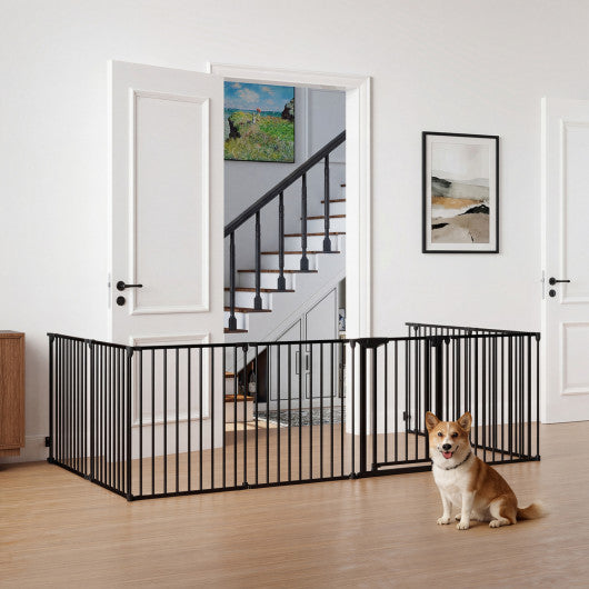 8-Panel Extra Wide Baby Gate Adjustable Pet Safety Fence with Auto-close Door-Black