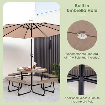 8-Person Outdoor Picnic Table and Bench Set with Umbrella Hole-Rustic Brown