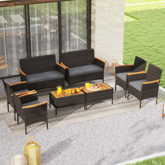 8 Piece Patio Wicker Sofa Set 4 Rattan Chairs and 2 Loveseat with 2 Table-Gray