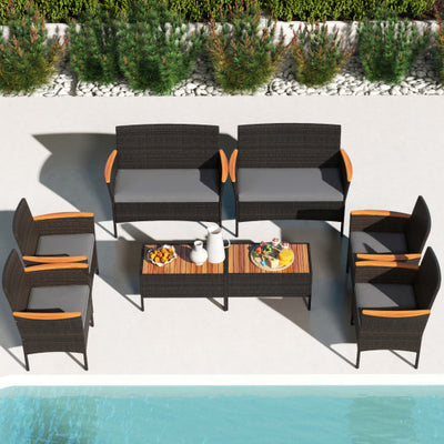 8 Piece Patio Wicker Sofa Set 4 Rattan Chairs and 2 Loveseat with 2 Table-Gray