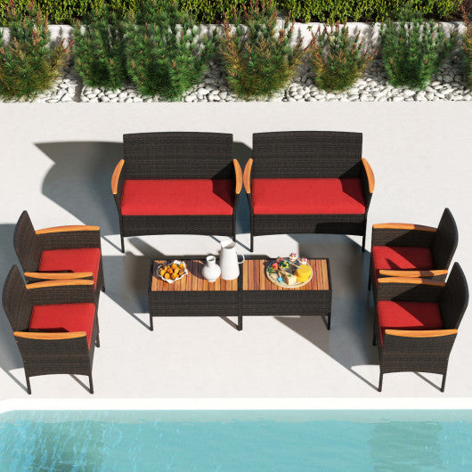 8 Piece Patio Wicker Sofa Set 4 Rattan Chairs and 2 Loveseat with 2 Table-Red