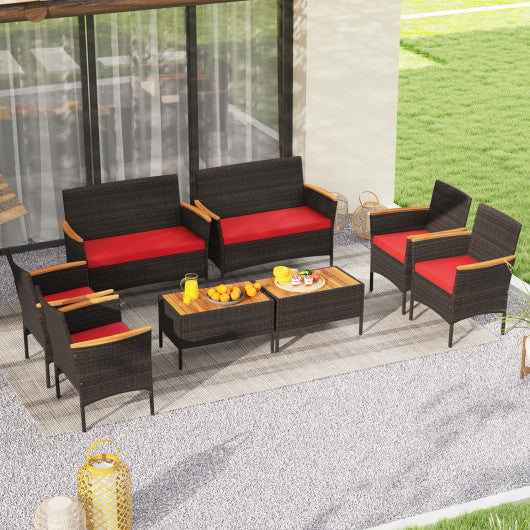 8 Piece Patio Wicker Sofa Set 4 Rattan Chairs and 2 Loveseat with 2 Table-Red
