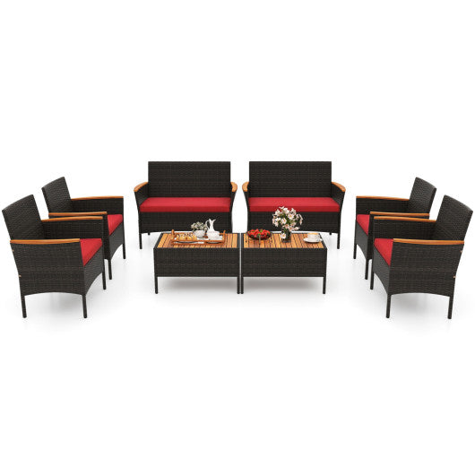 8 Piece Patio Wicker Sofa Set 4 Rattan Chairs and 2 Loveseat with 2 Table-Red