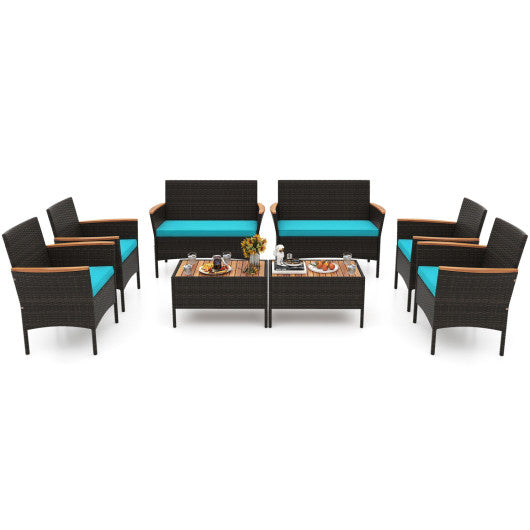 8 Piece Patio Wicker Sofa Set 4 Rattan Chairs and 2 Loveseat with 2 Table-Turquoise