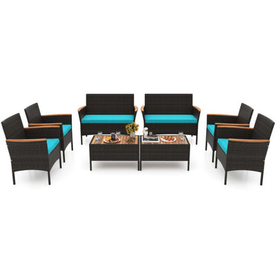 8 Piece Patio Wicker Sofa Set 4 Rattan Chairs and 2 Loveseat with 2 Table-Turquoise