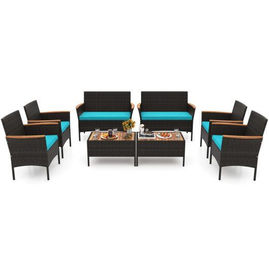 8 Piece Patio Wicker Sofa Set 4 Rattan Chairs and 2 Loveseat with 2 Table-Turquoise