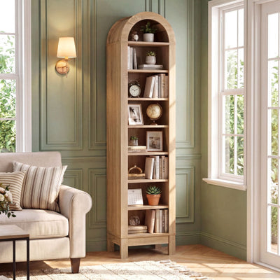 8-Tier Modern Arch Bookshelf with 3 Adjustable Shelves-Natural