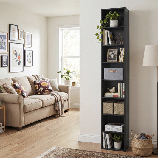 8-Tier Narrow Bookshelf with 4 Adjustable Shelves and Storage Cubes-Black