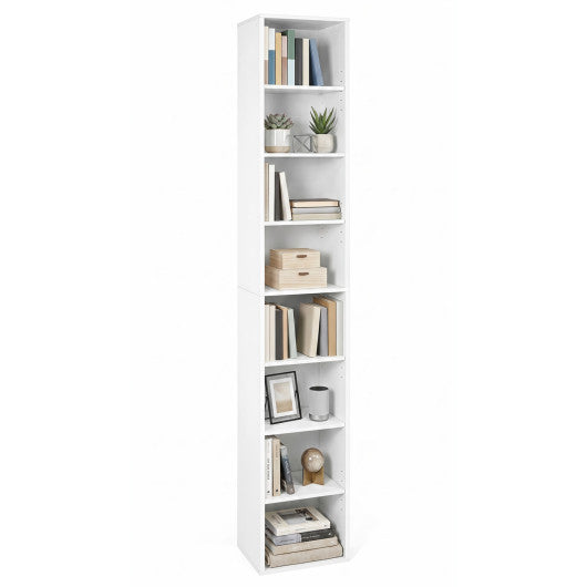 8-Tier Narrow Bookshelf with 4 Adjustable Shelves and Storage Cubes-White