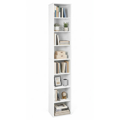 8-Tier Narrow Bookshelf with 4 Adjustable Shelves and Storage Cubes-White