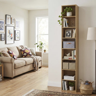 8-Tier Narrow Bookshelf with 4 Adjustable Shelves and Storage Cubes-Natural