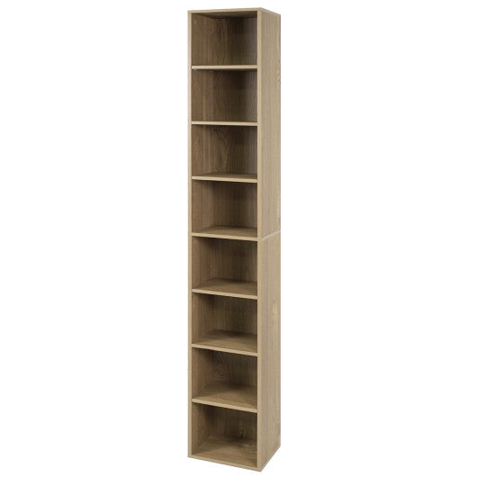 8-Tier Narrow Bookshelf with 4 Adjustable Shelves and Storage Cubes-Natural