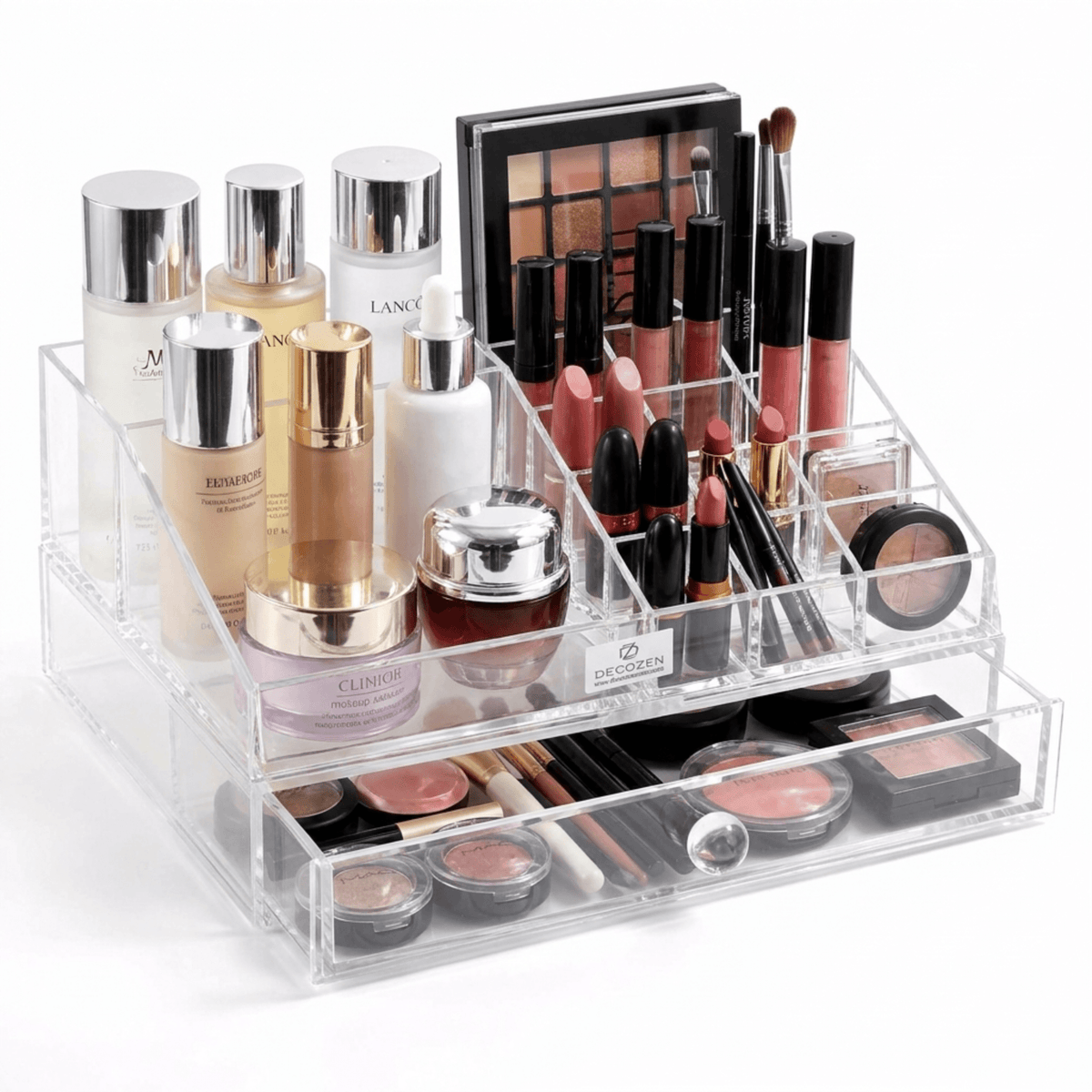 Clear Makeup Organizer - Acrylic Cosmetic Storage Box with 19 Slots & Drawer