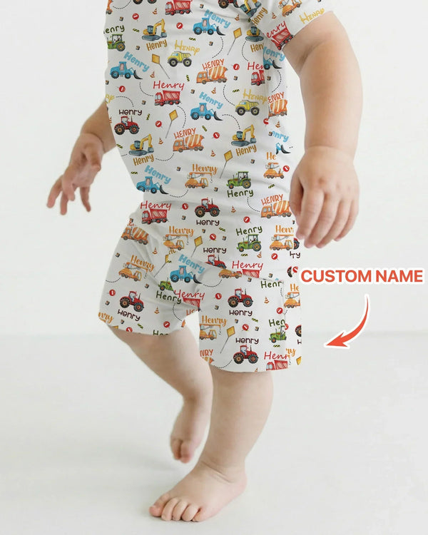 Construction Vehicles Custom Name Bamboo Two Piece Short Sleeve Shorts Pajama Set