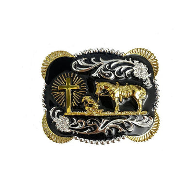 TOPACC 3D Rectangle Western Cowboy Horse Prayer Cross Belt Buckle Black Gold/Bronze