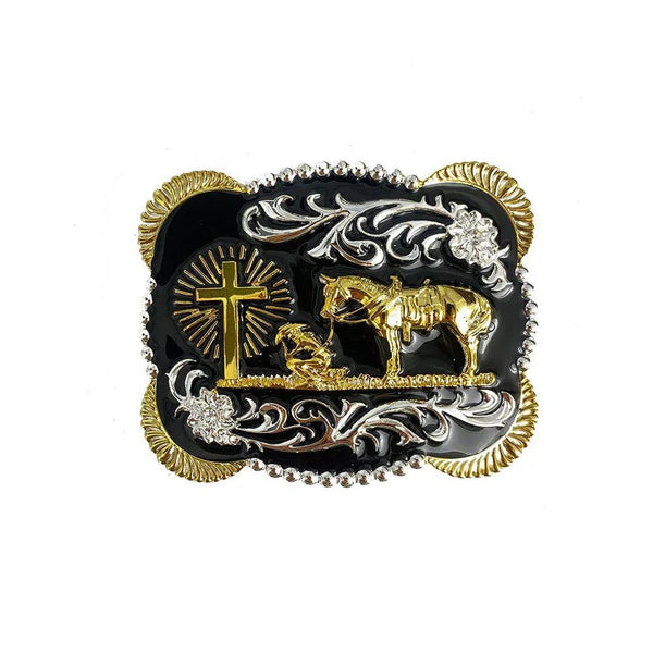 TOPACC 3D Rectangle Western Cowboy Horse Prayer Cross Belt Buckle Black Gold/Bronze - Gifts for You 'n Me