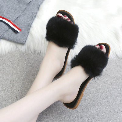 Fashion Fur Flat Women's Slippers Plus Size Spring Summer Fluffy Fur Slippers Shoes Woman Plush Fur Slip On Flip Flop Flat Furry Fur Slides Outdoor Sandals Furry Slides Summer Sandals Open Toe Indoor Outdoor Fluffy Slides