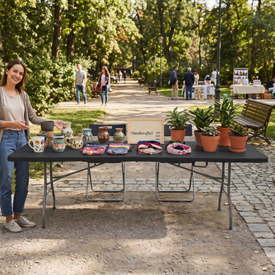 8 ft Portable Folding Table 350 LBS Fold-in-Half Table with HDPE Tabletop-Black