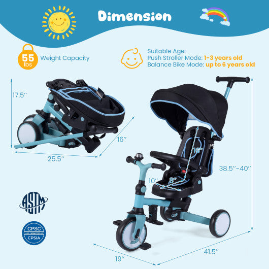 8-in-1 Folding Kids Tricycle with Removable Canopy and Push Handle-Blue