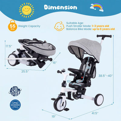 8-in-1 Folding Kids Tricycle with Removable Canopy and Push Handle-Gray
