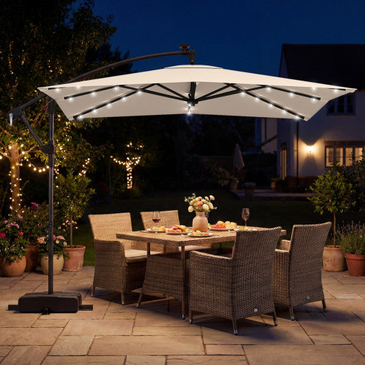 8 x 8 Square FT Solar LED Offset Cantilever Patio Umbrella with 360° Rotation-Beige
