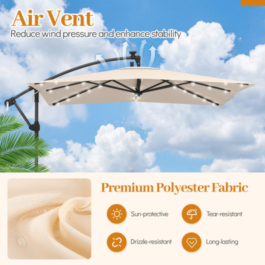 8 x 8 Square FT Solar LED Offset Cantilever Patio Umbrella with 360° Rotation-Beige