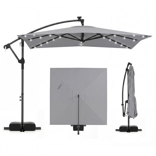 8 x 8 Square FT Solar LED Offset Cantilever Patio Umbrella with 360° Rotation-Gray