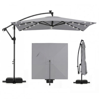 8 x 8 Square FT Solar LED Offset Cantilever Patio Umbrella with 360° Rotation-Gray