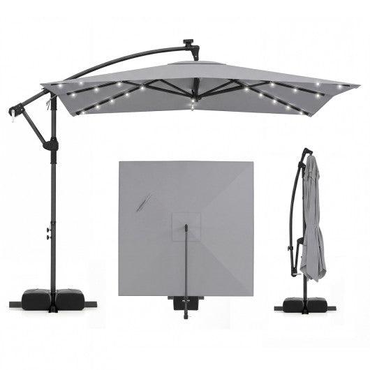 8 x 8 Square FT Solar LED Offset Cantilever Patio Umbrella with 360° Rotation-Gray