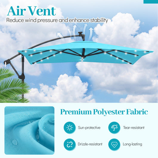 8 x 8 Square FT Solar LED Offset Cantilever Patio Umbrella with 360° Rotation-Turquoise