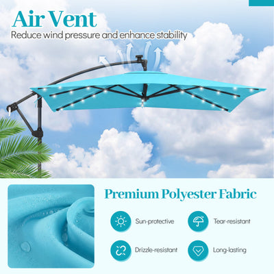 8 x 8 Square FT Solar LED Offset Cantilever Patio Umbrella with 360° Rotation-Turquoise