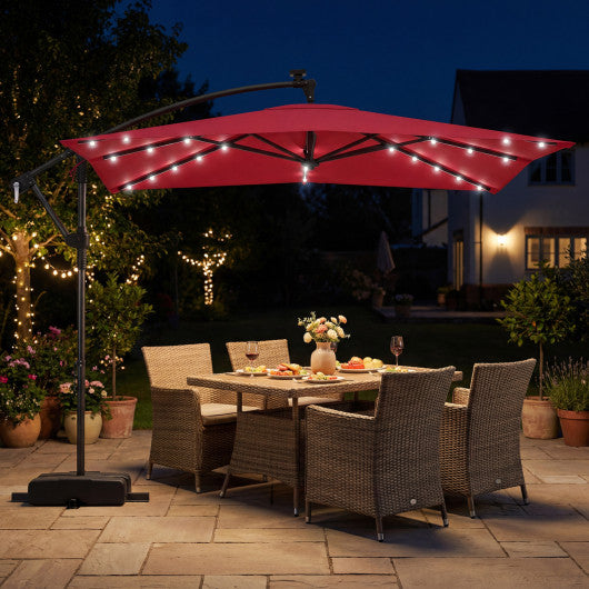 8 x 8 Square FT Solar LED Offset Cantilever Patio Umbrella with 360° Rotation-Red
