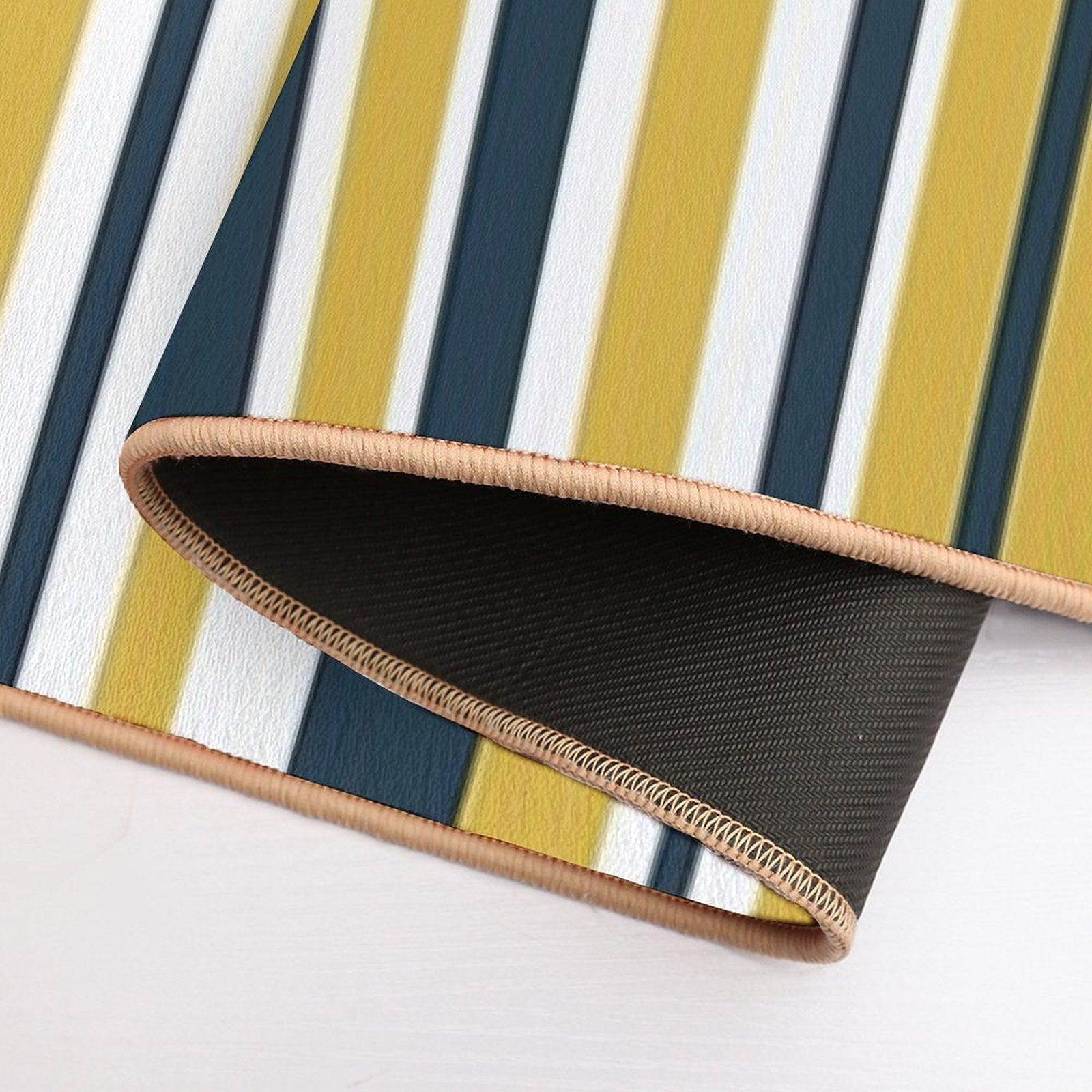 Mustard Yellow Navy Blue And White Stripes Minimalist Color Block Pattern Bath Mat