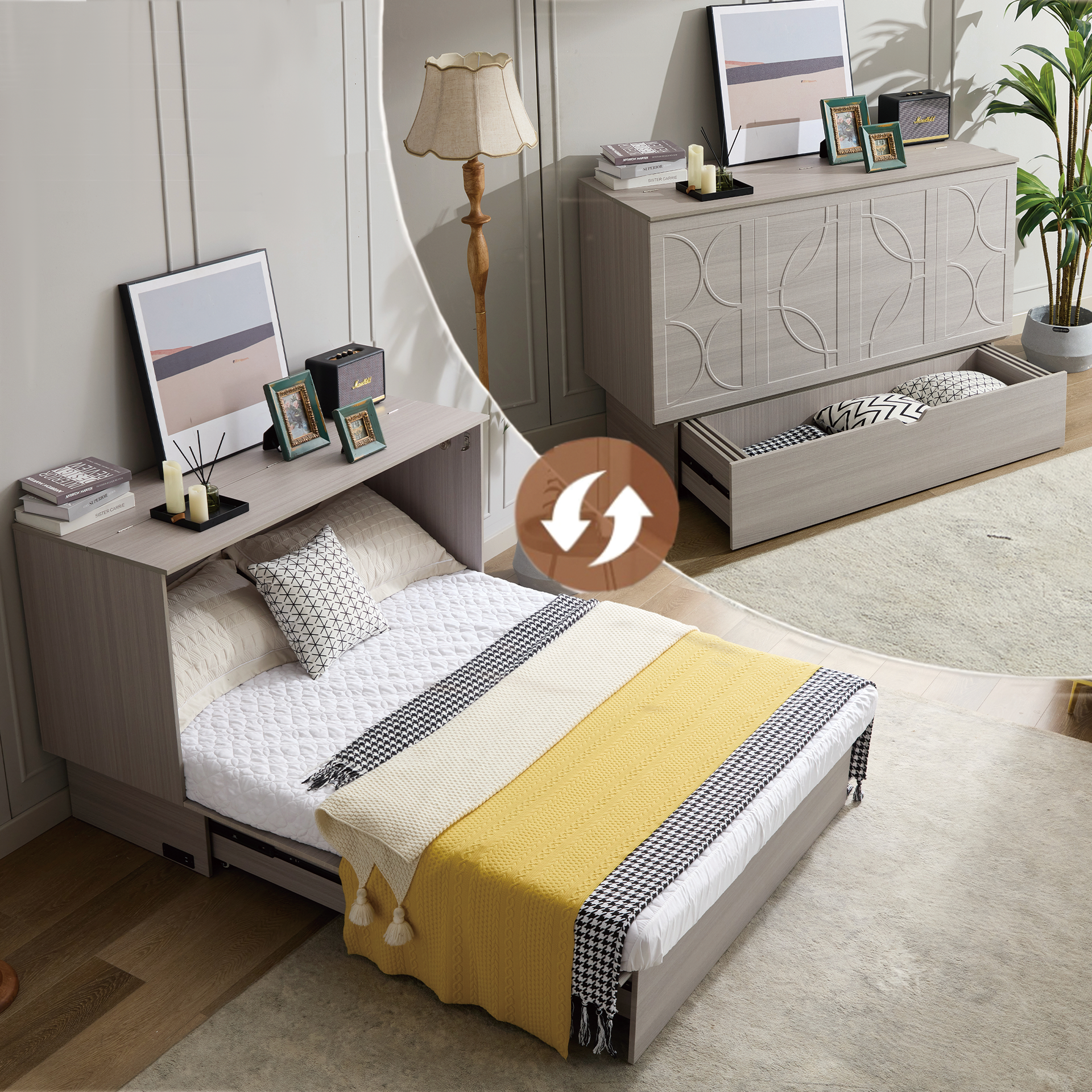 Cabinet Bed with Storage, Queen Bed, Folding Foam Mattress