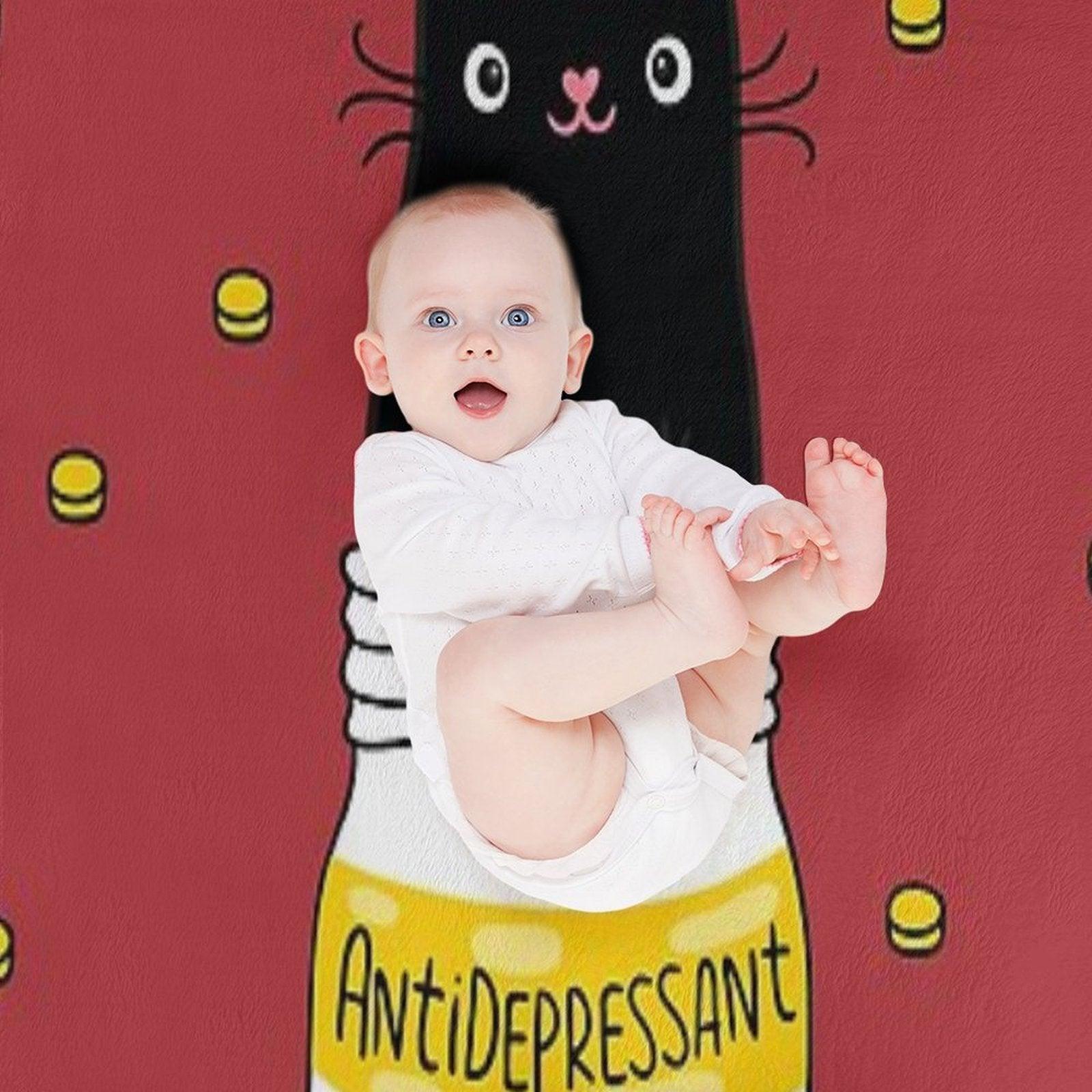 FUR ANTIDEPRESSANT . Cute Black Cat Illustration. A Gift for A Pet Lover. Throw Blanket