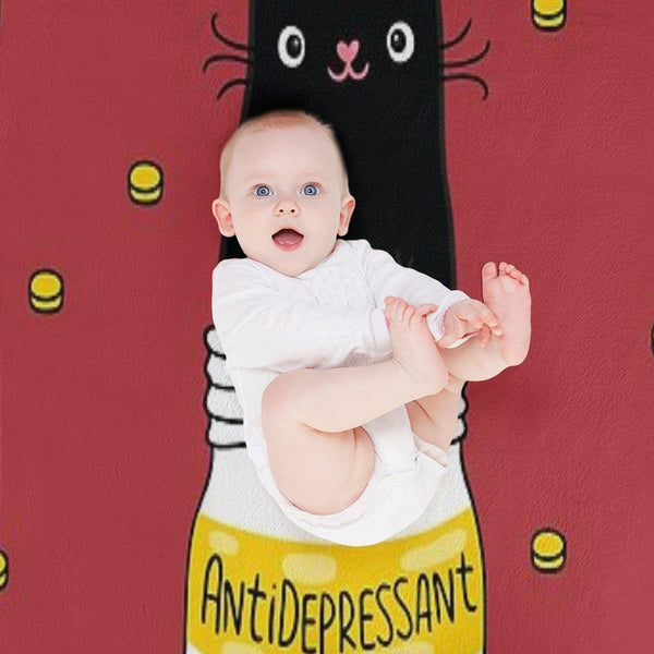 FUR ANTIDEPRESSANT . Cute Black Cat Illustration. A Gift for A Pet Lover. Throw Blanket
