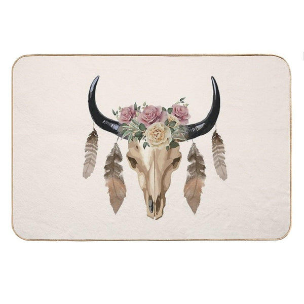 Cow Skull And Crown Leaves And Butterflies Bath Mat